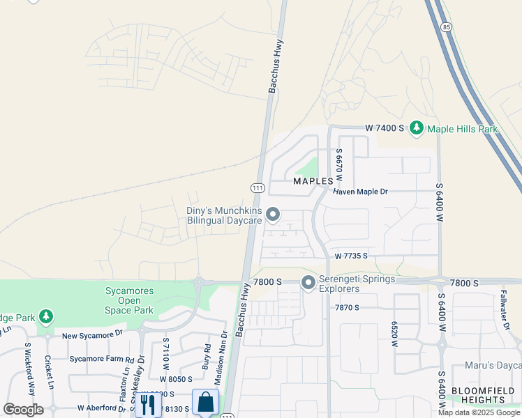map of restaurants, bars, coffee shops, grocery stores, and more near 7624 Calendula Lane in West Jordan