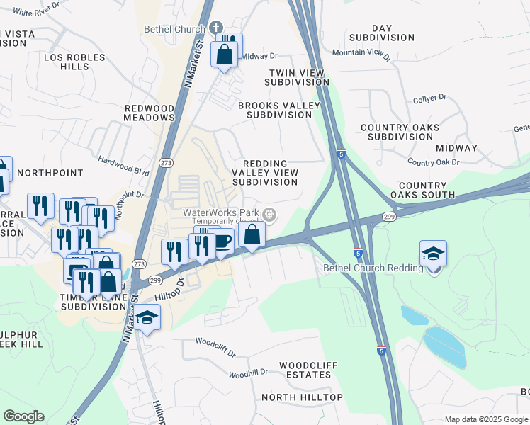 map of restaurants, bars, coffee shops, grocery stores, and more near 151 North Boulder Drive in Redding