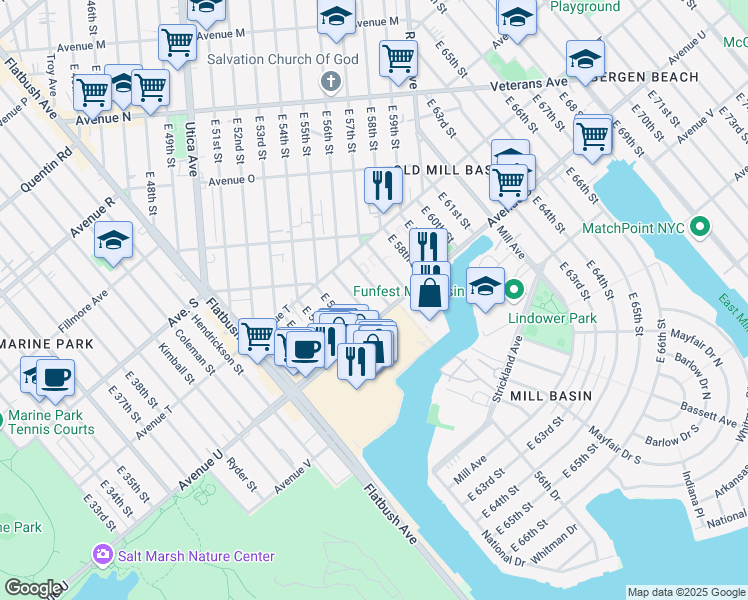 map of restaurants, bars, coffee shops, grocery stores, and more near 2082 Pearson Street in Brooklyn