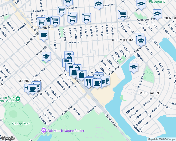 map of restaurants, bars, coffee shops, grocery stores, and more near 5301 Avenue T in Brooklyn