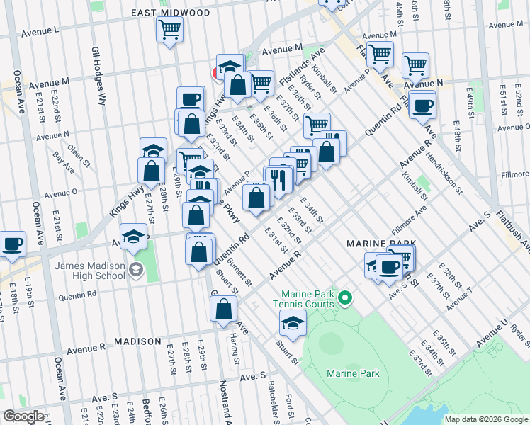 map of restaurants, bars, coffee shops, grocery stores, and more near 3120 Quentin Road in Brooklyn