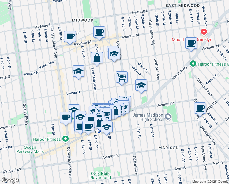 map of restaurants, bars, coffee shops, grocery stores, and more near 1545 East 18th Street in Brooklyn