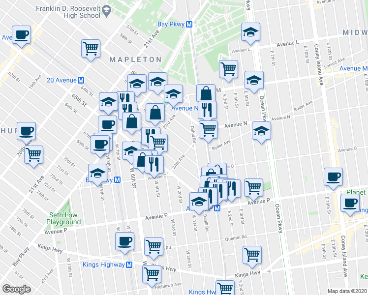 map of restaurants, bars, coffee shops, grocery stores, and more near 6217 24th Avenue in Brooklyn