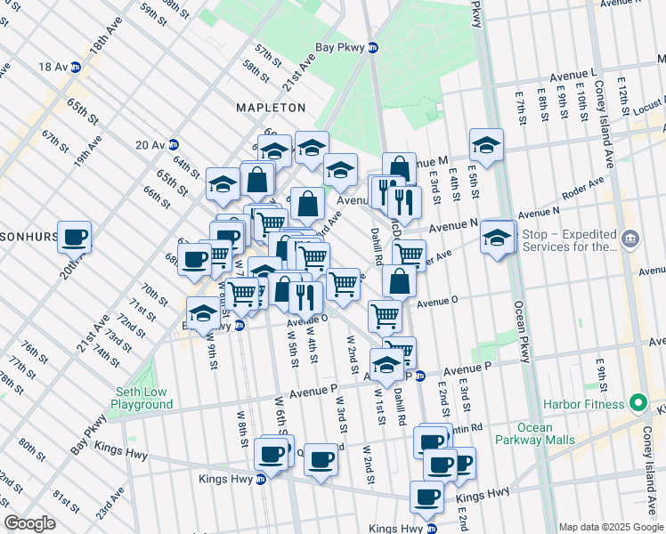 map of restaurants, bars, coffee shops, grocery stores, and more near 2351 64th Street in Brooklyn
