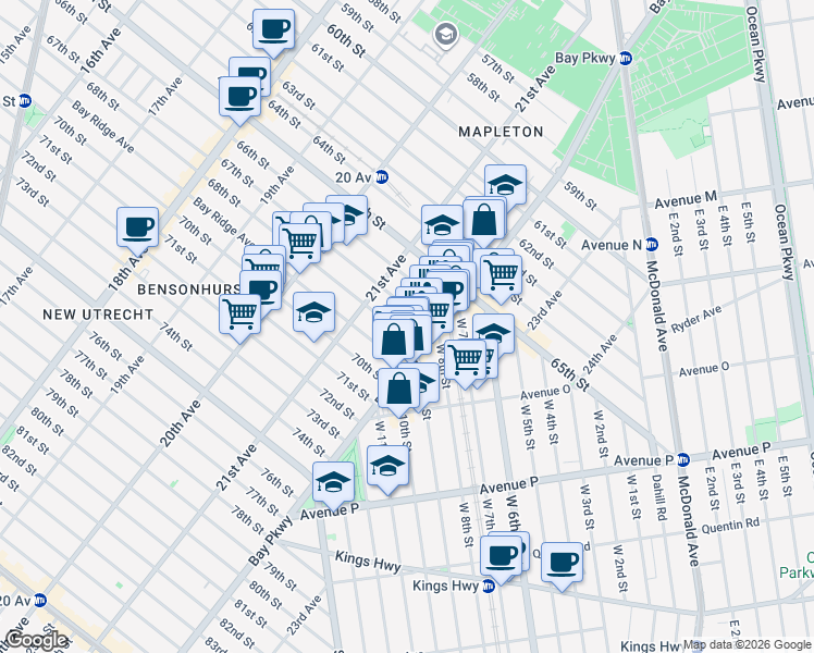 map of restaurants, bars, coffee shops, grocery stores, and more near 2146 68th Street in Brooklyn
