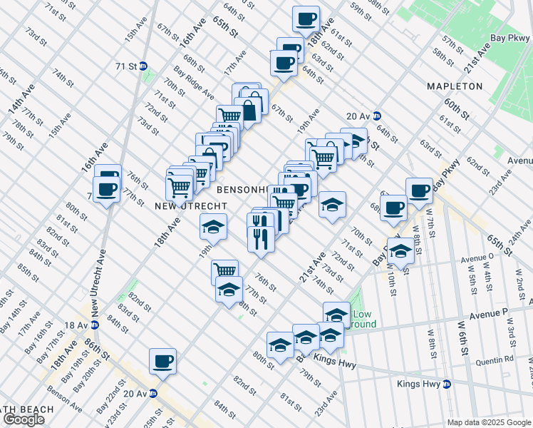 map of restaurants, bars, coffee shops, grocery stores, and more near 1938 73rd Street in Brooklyn