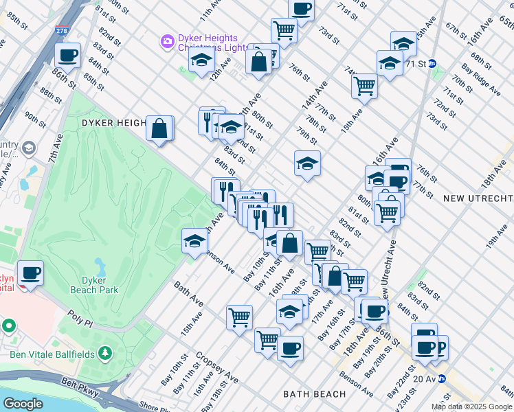 map of restaurants, bars, coffee shops, grocery stores, and more near 1448 85th Street in Brooklyn