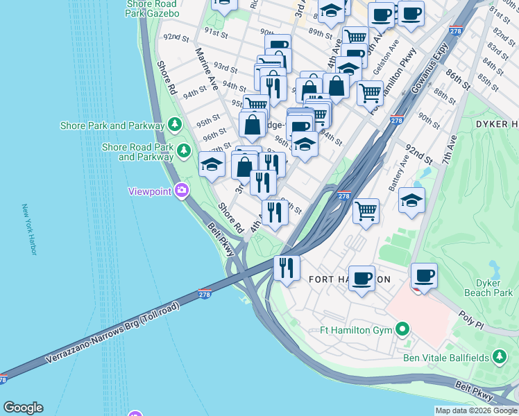 map of restaurants, bars, coffee shops, grocery stores, and more near 10008 4th Avenue in Brooklyn
