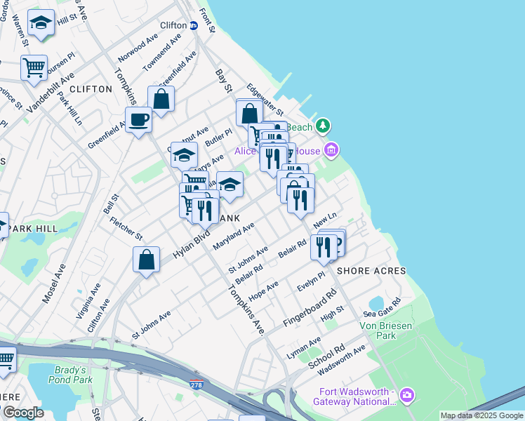 map of restaurants, bars, coffee shops, grocery stores, and more near 156 Maryland Avenue in Staten Island