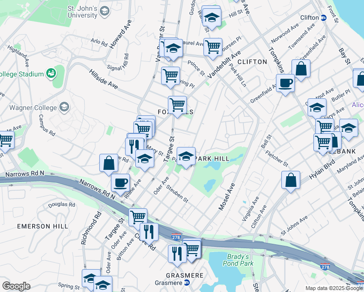map of restaurants, bars, coffee shops, grocery stores, and more near 545 Targee Street in Staten Island