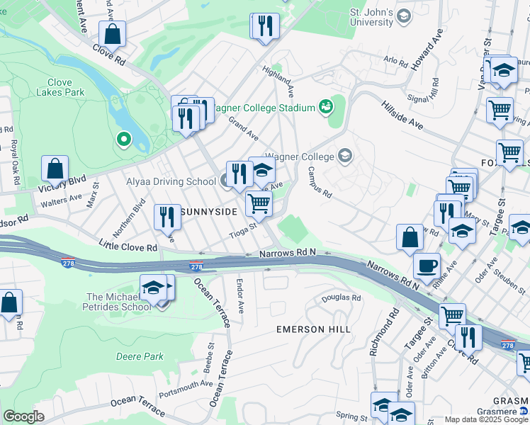 map of restaurants, bars, coffee shops, grocery stores, and more near in Staten Island