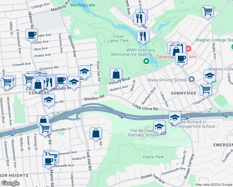 map of restaurants, bars, coffee shops, grocery stores, and more near 400 Little Clove Road in Staten Island