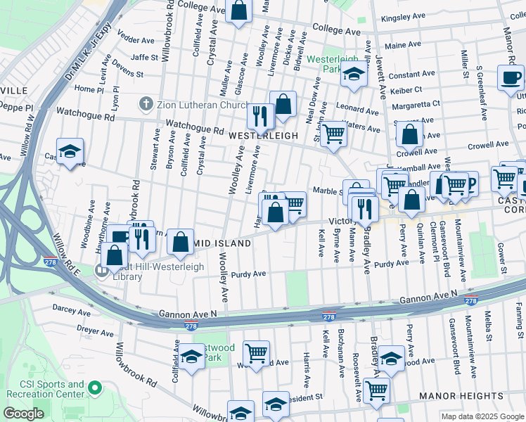 map of restaurants, bars, coffee shops, grocery stores, and more near 26 Harvey Avenue in Staten Island