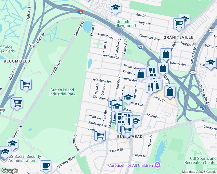 map of restaurants, bars, coffee shops, grocery stores, and more near 27 Oliver Place in Staten Island