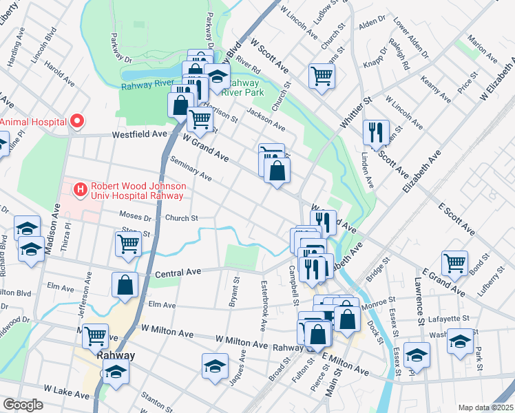 map of restaurants, bars, coffee shops, grocery stores, and more near 1593 Oliver Street in Rahway
