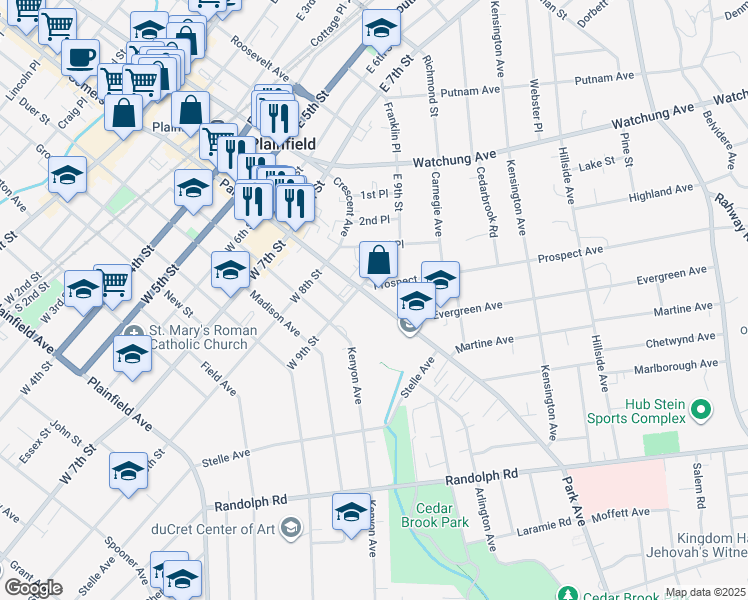 map of restaurants, bars, coffee shops, grocery stores, and more near 920 Park Avenue in Plainfield