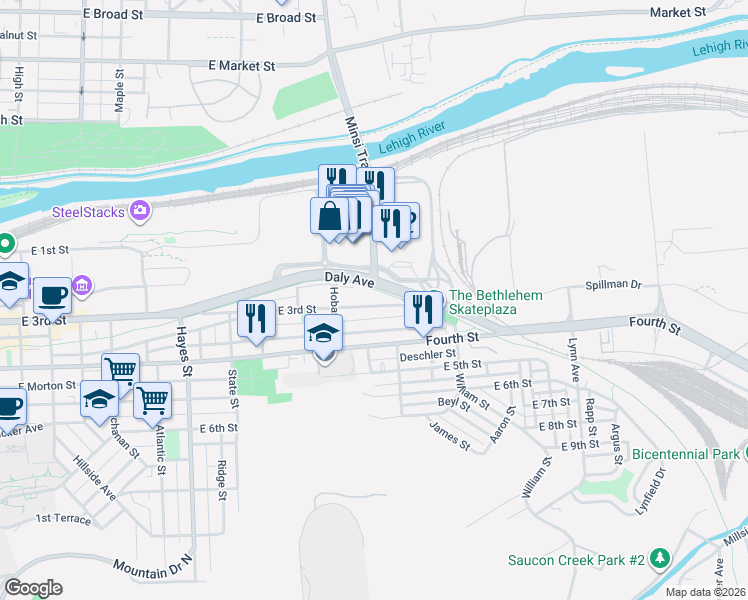 map of restaurants, bars, coffee shops, grocery stores, and more near 1232 East 3rd Street in Bethlehem