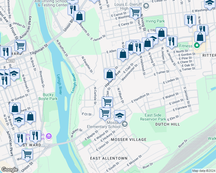 map of restaurants, bars, coffee shops, grocery stores, and more near 137 North Ellsworth Street in Allentown