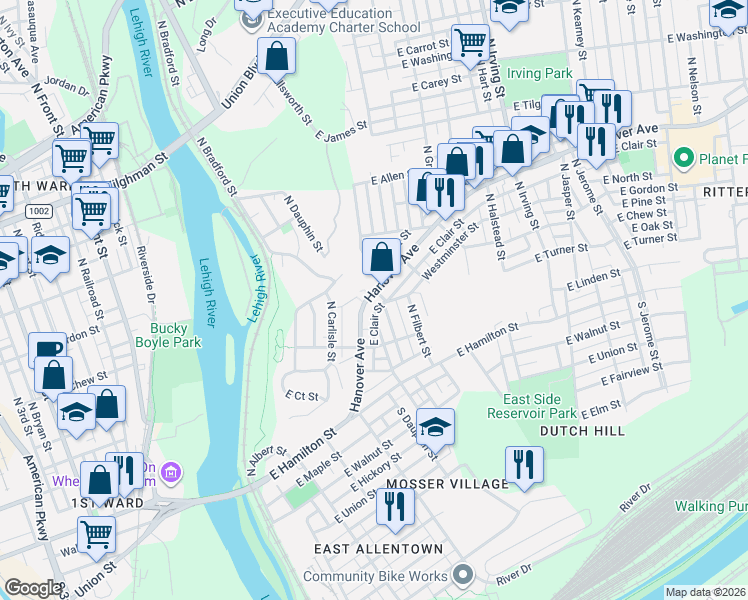 map of restaurants, bars, coffee shops, grocery stores, and more near 326 East Turner Street in Allentown