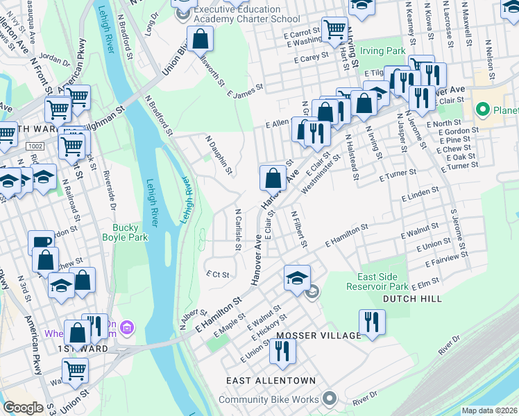 map of restaurants, bars, coffee shops, grocery stores, and more near 326 East Turner Street in Allentown