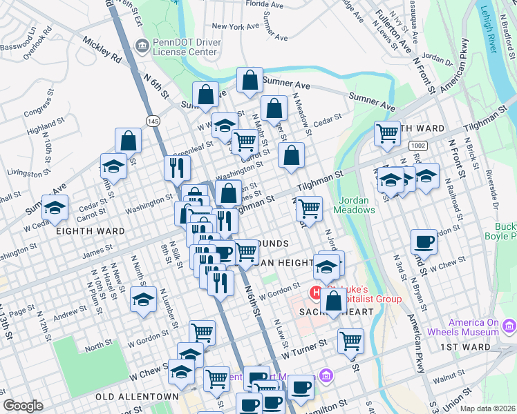 map of restaurants, bars, coffee shops, grocery stores, and more near 632 North 5th Street in Allentown
