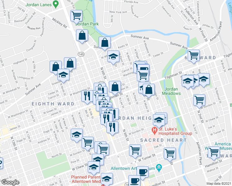 map of restaurants, bars, coffee shops, grocery stores, and more near 538 Tilghman Street in Allentown