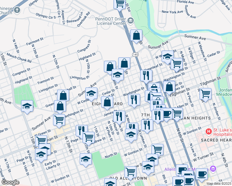 map of restaurants, bars, coffee shops, grocery stores, and more near 915 Washington Street in Allentown