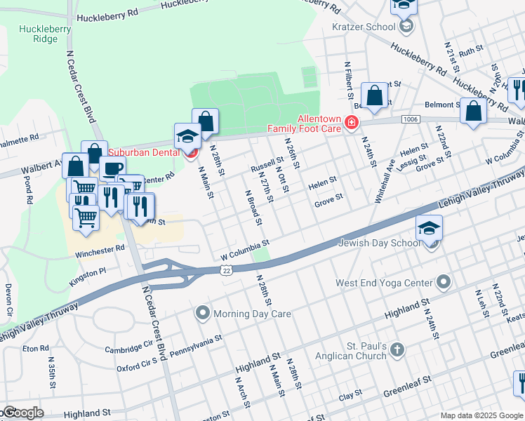 map of restaurants, bars, coffee shops, grocery stores, and more near 2716 Helen Street in Allentown