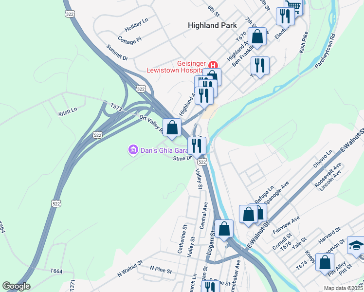 map of restaurants, bars, coffee shops, grocery stores, and more near 14 Ort Valley Road in Lewistown