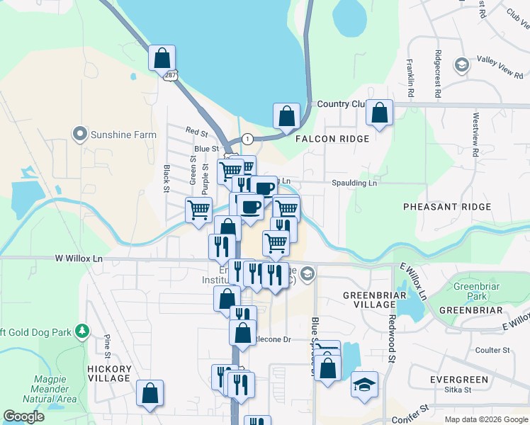 map of restaurants, bars, coffee shops, grocery stores, and more near 1880 North College Avenue in Fort Collins
