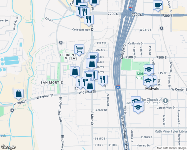map of restaurants, bars, coffee shops, grocery stores, and more near 7638 South Main Street in Midvale