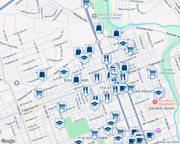 map of restaurants, bars, coffee shops, grocery stores, and more near 756 North Lumber Street in Allentown