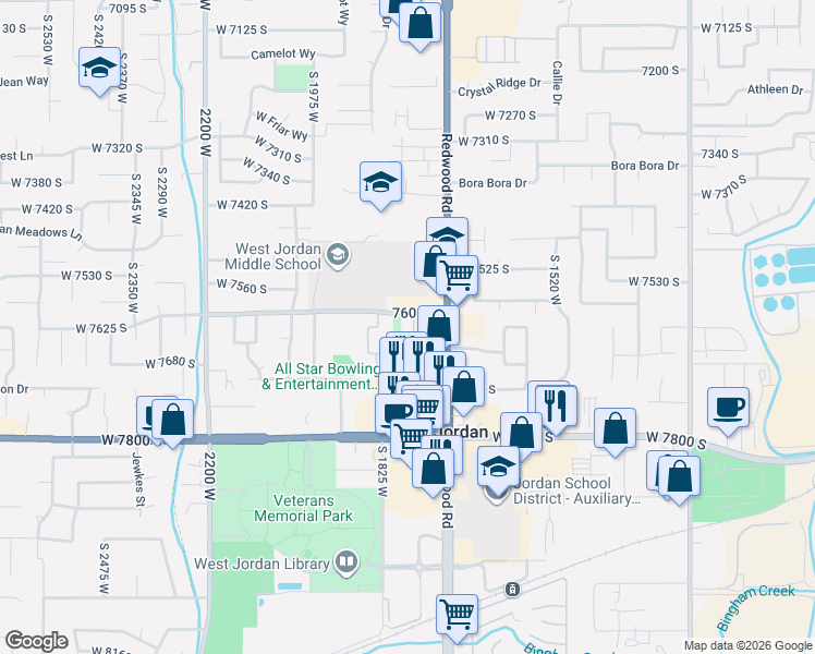 map of restaurants, bars, coffee shops, grocery stores, and more near 1805 West 7600 South in West Jordan
