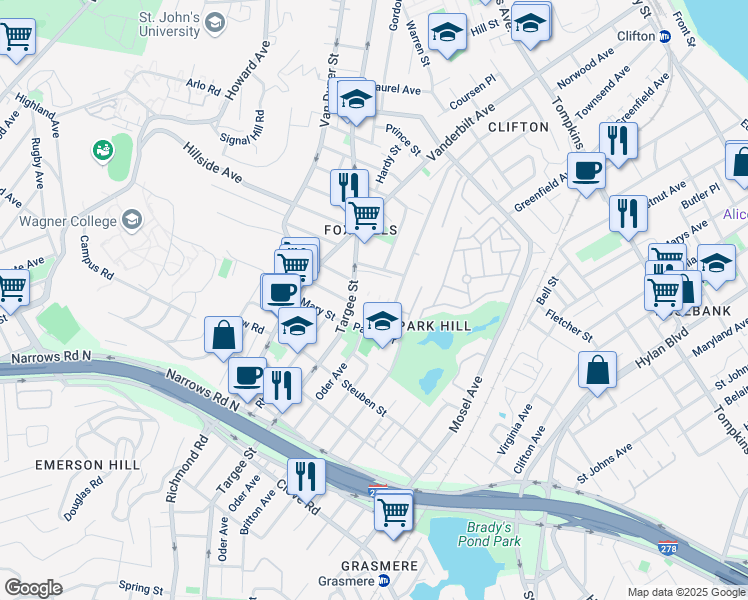 map of restaurants, bars, coffee shops, grocery stores, and more near 545 Targee Street in Staten Island