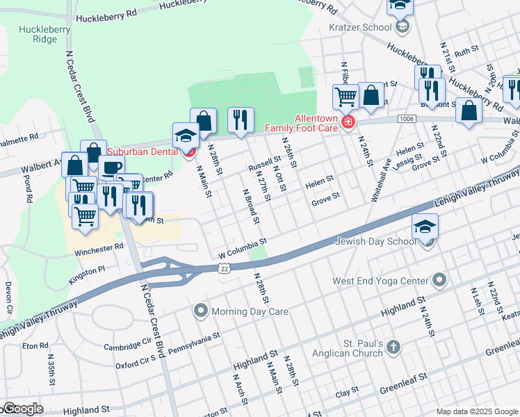 map of restaurants, bars, coffee shops, grocery stores, and more near 2716 Helen Street in Allentown