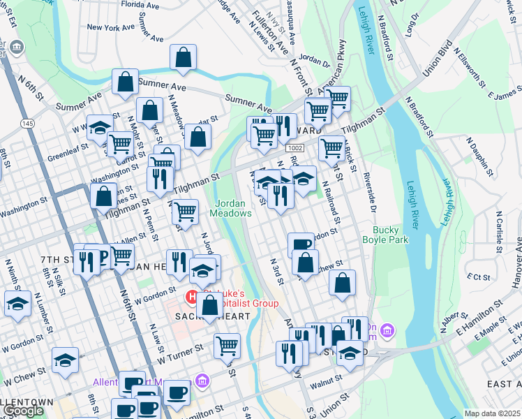 map of restaurants, bars, coffee shops, grocery stores, and more near 523 North 3rd Street in Allentown