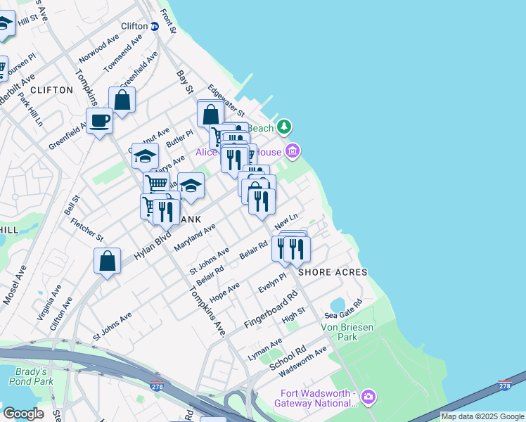 map of restaurants, bars, coffee shops, grocery stores, and more near 1256 Bay Street in Staten Island