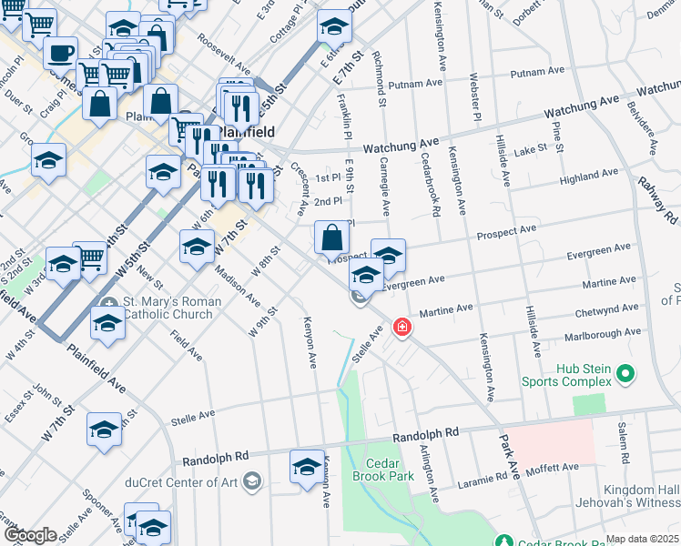 map of restaurants, bars, coffee shops, grocery stores, and more near 919 Park Avenue in Plainfield
