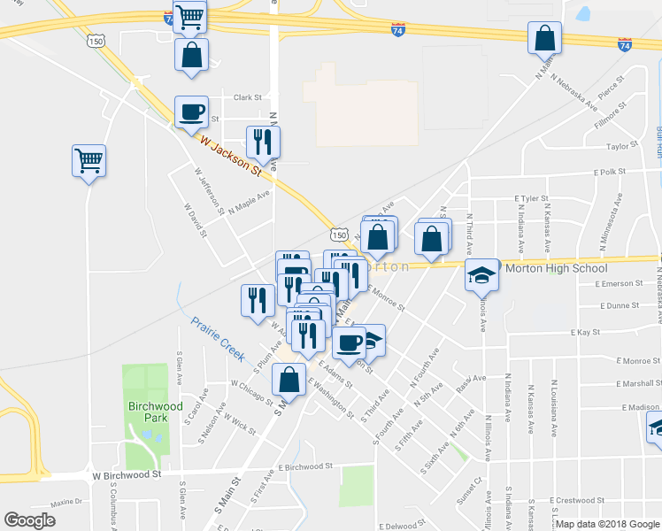 map of restaurants, bars, coffee shops, grocery stores, and more near 305 North Bauman Avenue in Morton