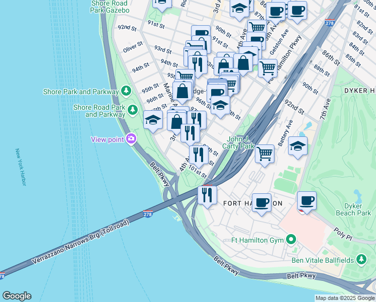map of restaurants, bars, coffee shops, grocery stores, and more near 10016 4th Avenue in Brooklyn