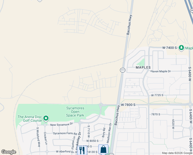 map of restaurants, bars, coffee shops, grocery stores, and more near 7636 New Sycamore Drive in West Jordan