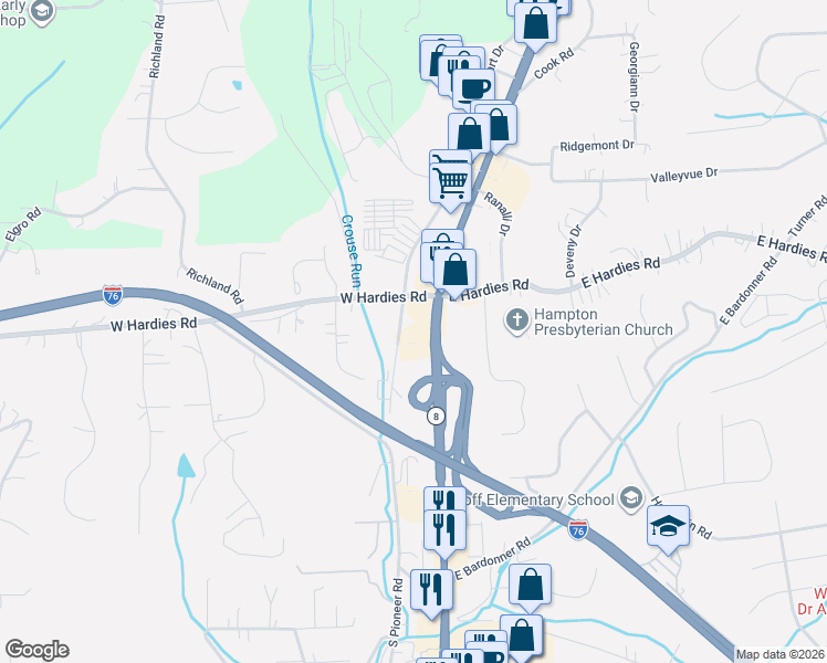 map of restaurants, bars, coffee shops, grocery stores, and more near 5143 William Flinn Highway in Gibsonia