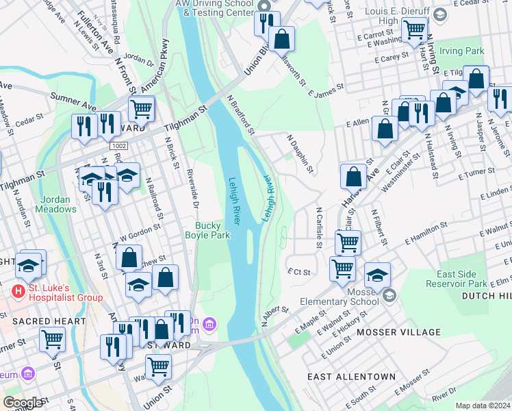 map of restaurants, bars, coffee shops, grocery stores, and more near 25 Adams Island in Allentown
