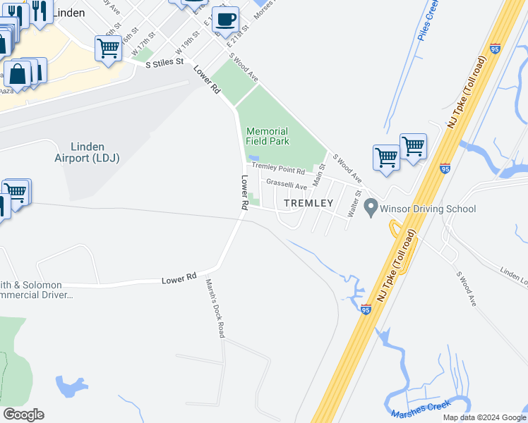 map of restaurants, bars, coffee shops, grocery stores, and more near 2604 Parkway Avenue in Linden