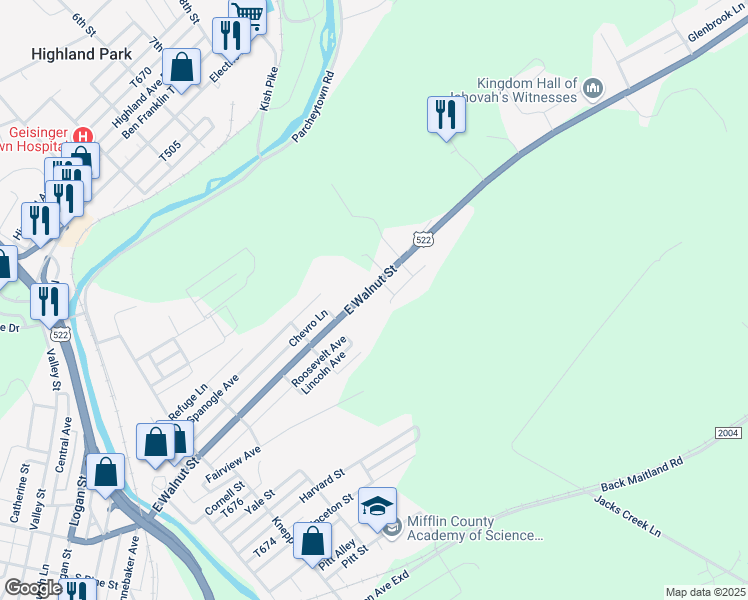 map of restaurants, bars, coffee shops, grocery stores, and more near East Walnut Street in Lewistown