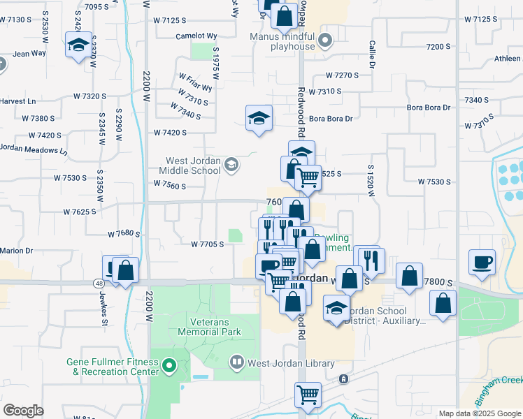 map of restaurants, bars, coffee shops, grocery stores, and more near 1817 West 7600 South in West Jordan