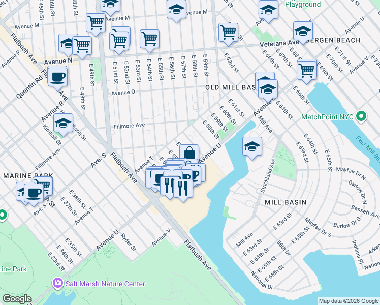 map of restaurants, bars, coffee shops, grocery stores, and more near 2053 East 56th Street in Brooklyn