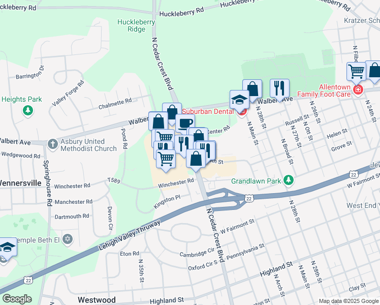 map of restaurants, bars, coffee shops, grocery stores, and more near 1600 North Cedar Crest Boulevard in Allentown