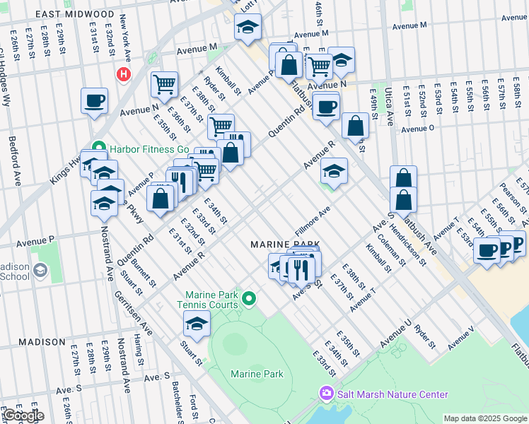 map of restaurants, bars, coffee shops, grocery stores, and more near East 36th Street in Brooklyn