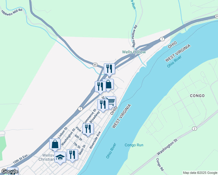 map of restaurants, bars, coffee shops, grocery stores, and more near 322 2nd Street in Wellsville